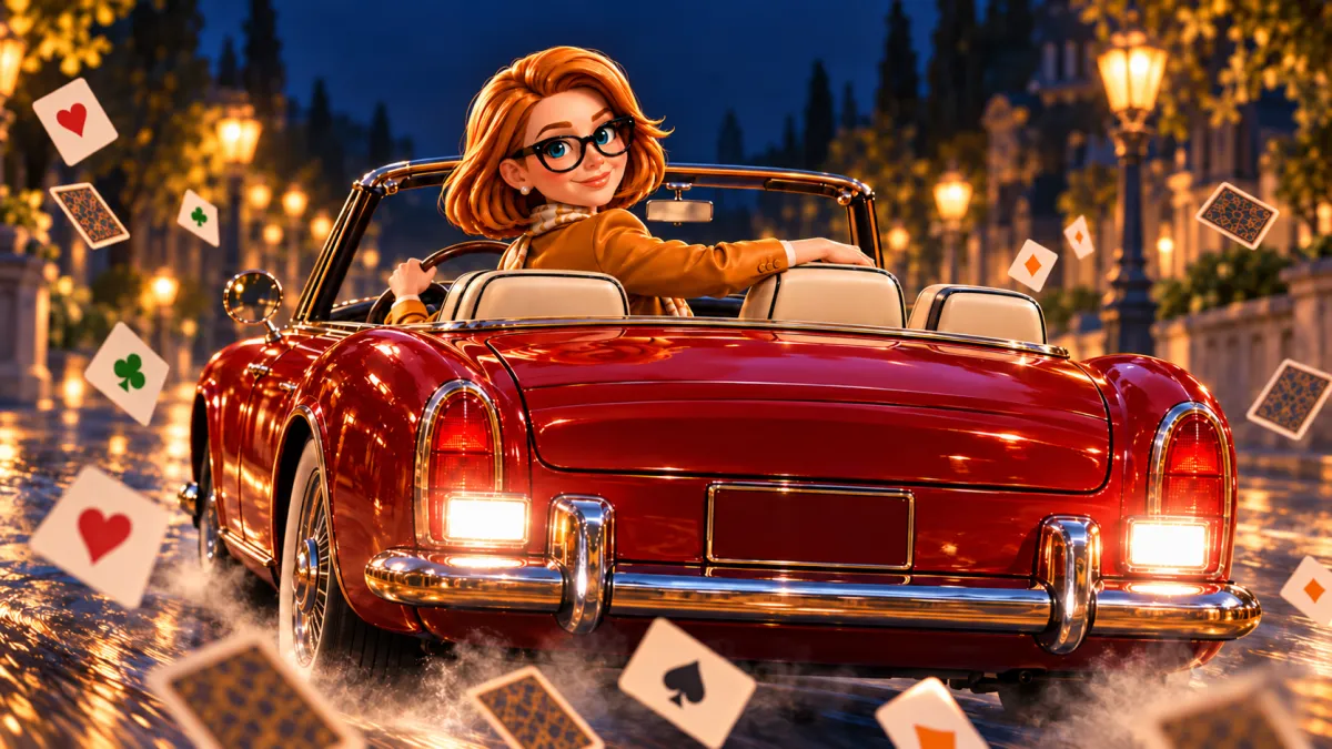 Tracey backing up a red convertible with playing cards falling around her.