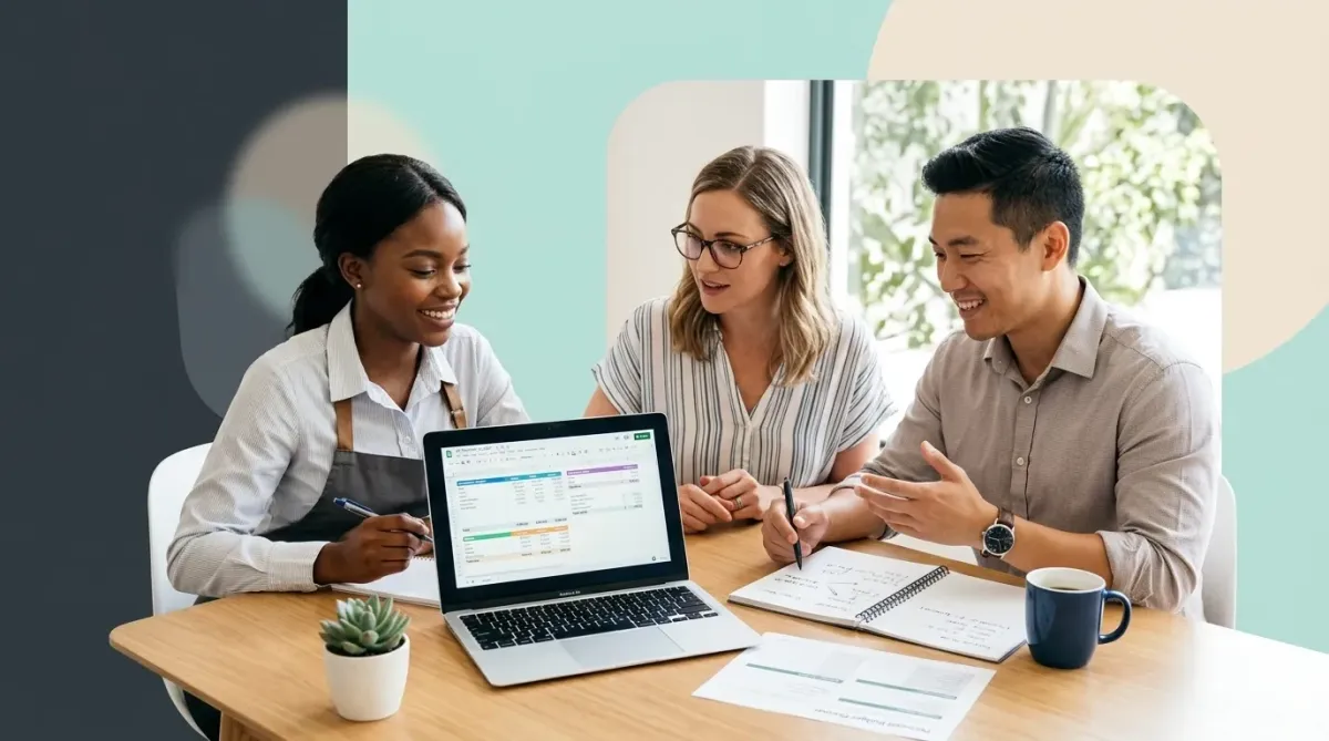 A diverse group of hardworking professionals smiling while looking at a financial plan on a tablet.
