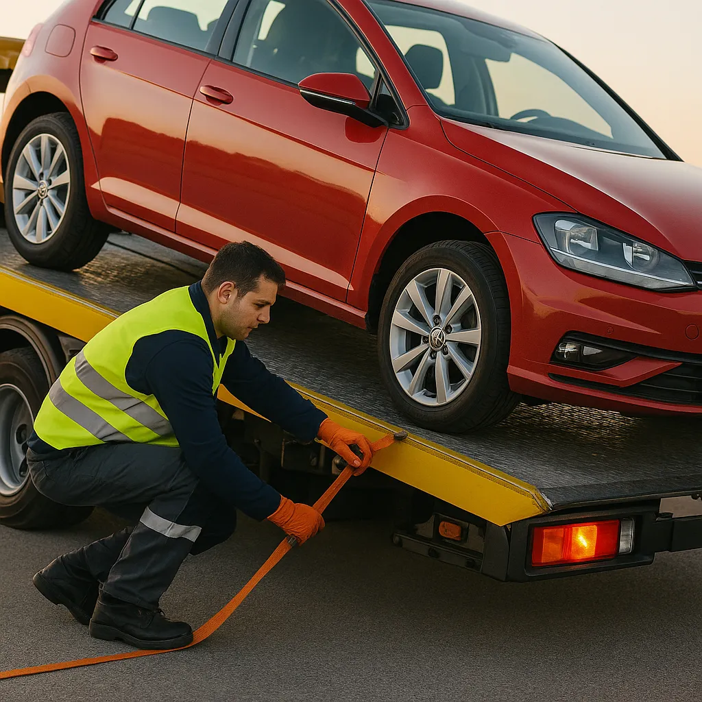 A photograph captures a red modern sedan being loaded onto a yellow flatbed tow truck by a professional in a safety vest and gloves, illustrating emergency towing services in Raleigh, NC.