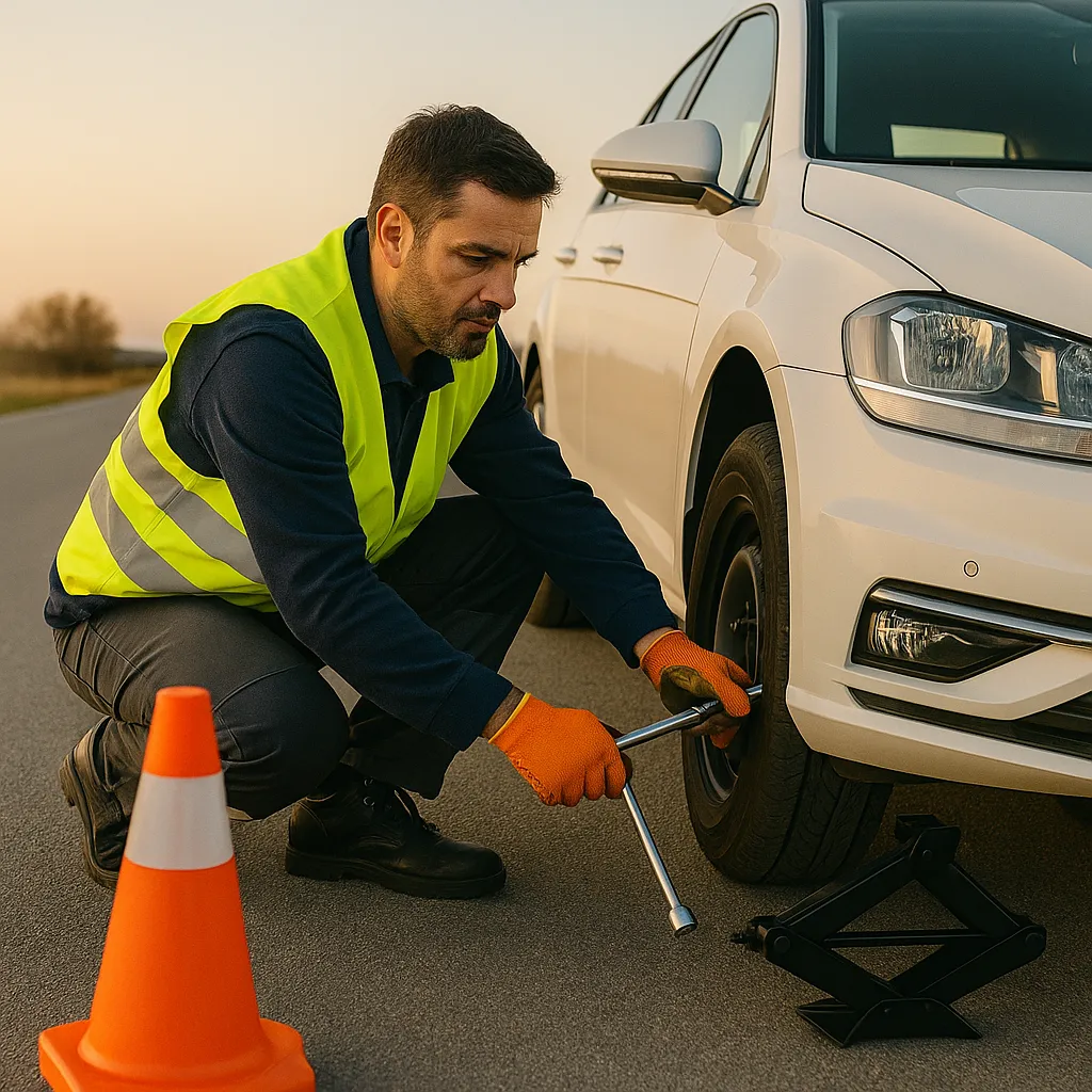 A roadside assistance technician in a reflective vest changes a flat tire on a white sedan at sunset on a rural road, illustrating emergency roadside help in Raleigh, NC.