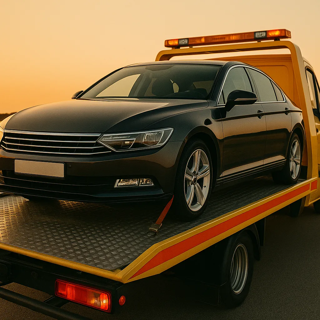 A dark luxury sedan is correctly positioned facing forward on a yellow flatbed tow truck at sunset, representing safe and professional flatbed towing services in Raleigh, NC.