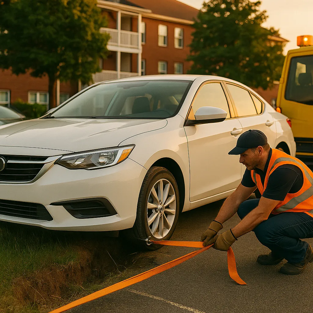 A white sedan with a damaged front wheel is being secured by a tow truck operator in a residential parking lot at sunset, illustrating vehicle recovery services in Raleigh, NC.