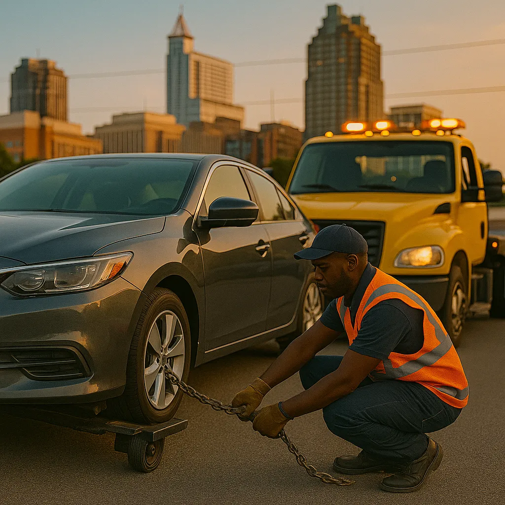 An African American tow truck operator in a safety vest secures a gray sedan to a yellow tow truck in downtown Raleigh, NC at sunset, highlighting urban parking enforcement services.