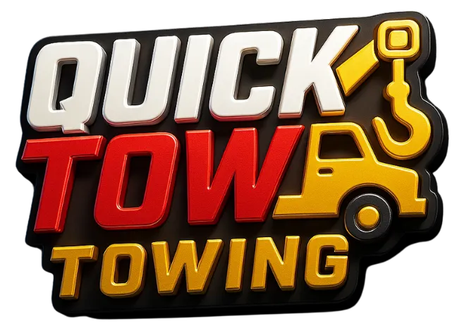 Quick Tow Towing company logo featuring bold red and black lettering with a towing hook icon, representing professional towing services based in Raleigh, NC.