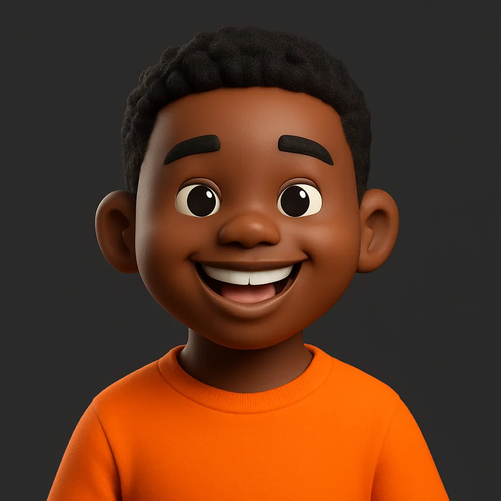 3D illustration of a young African American boy with short curly hair, wearing an orange shirt and smiling, used as a customer testimonial avatar for Quick Tow Towing.