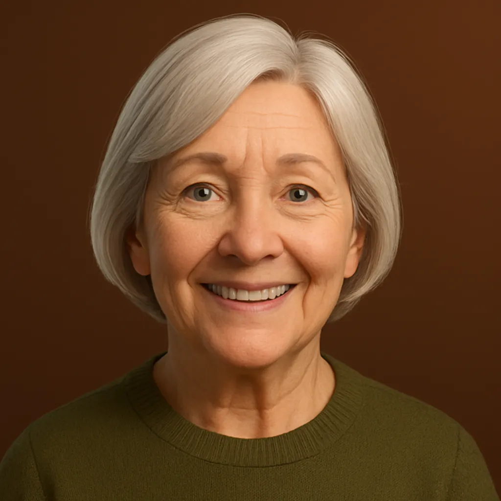 3D-rendered digital portrait of an older Caucasian woman with silver hair, wearing an olive-green sweater and smiling, used as a customer testimonial avatar for Quick Tow Towing.