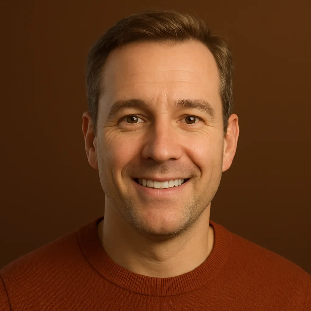 3D-rendered digital portrait of a middle-aged Caucasian man with short brown hair and a rust-colored sweater, smiling confidently, used as a testimonial avatar for Quick Tow Towing.