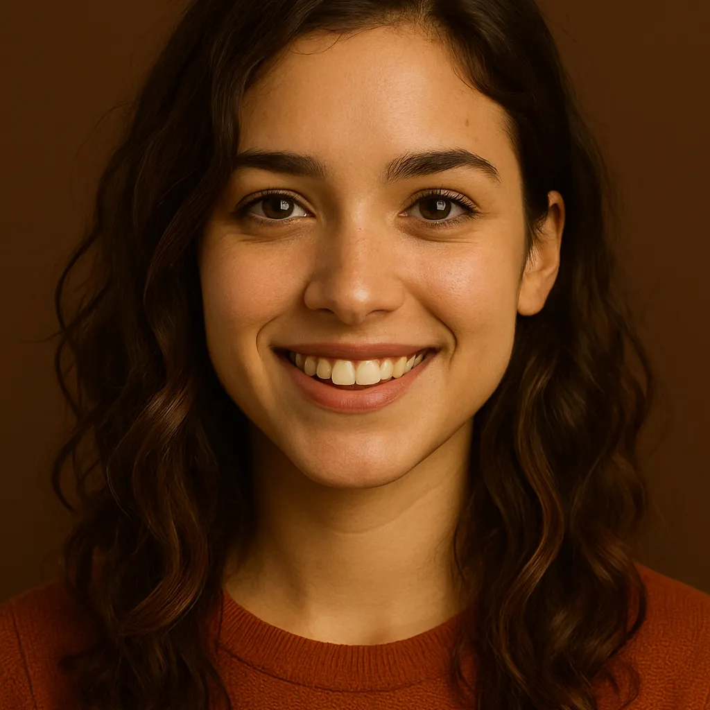 3D-rendered digital portrait of a 25-year-old tan-skinned Caucasian woman with wavy brown hair and a burnt-orange sweater, smiling warmly for a testimonial on the Quick Tow Towing website.