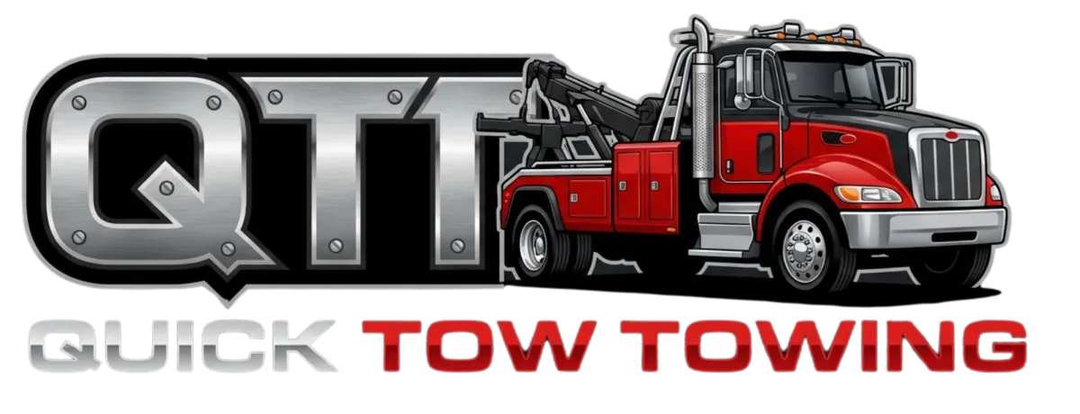 Quick Tow Towing company logo featuring bold red and black lettering with a towing hook icon, representing professional towing services based in Raleigh, NC.