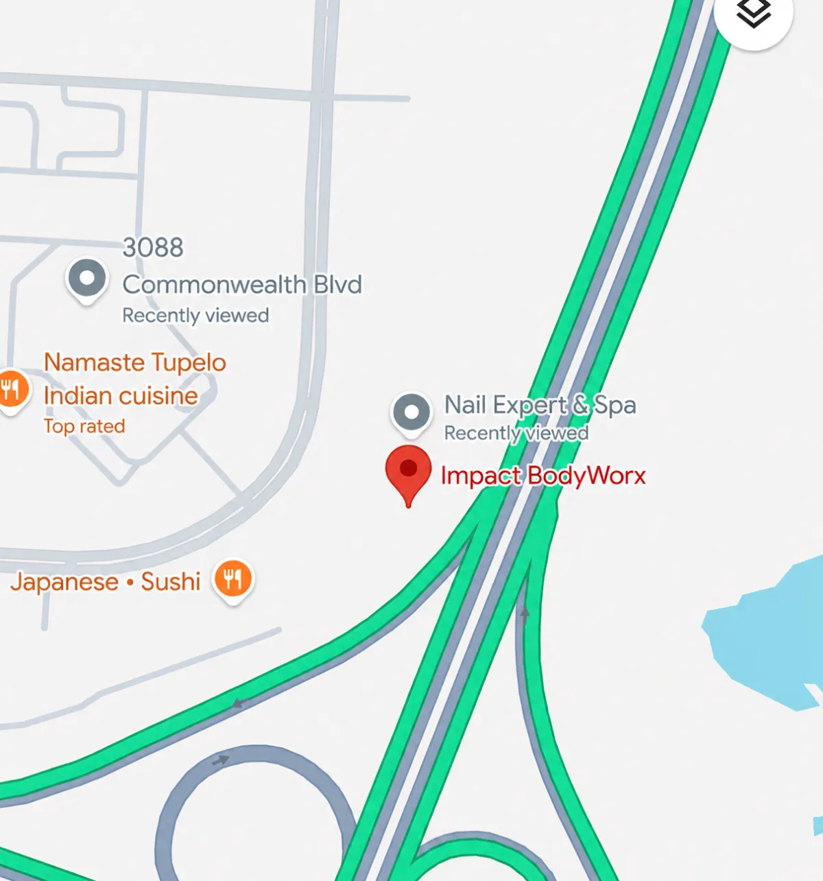 Map showing Impact BodyWorx location at 1096 Commonwealth Blvd, Tupelo, MS, near Nail Expert & Spa