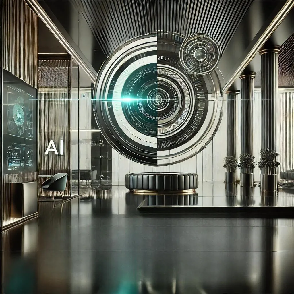 Futurista lobby con diseño de inteligencia artificial: arquitectura moderna, tecnología avanzada y estética cyberpunk con elementos metálicos y holográficos. Ambiente innovador con un gran círculo digital y detalles dorados en un espacio de lujo y alta tecnología