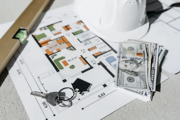 Illustration of cash dollars and a house floor plan representing a cash home sale