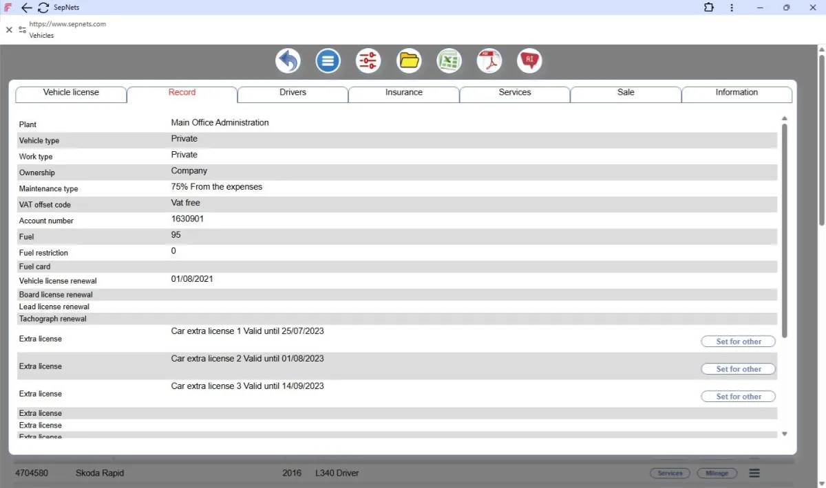 SepNets vehicle details screen