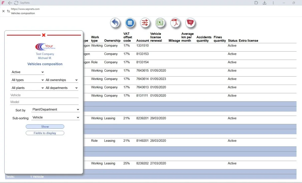 SepNets vehicles composition screen