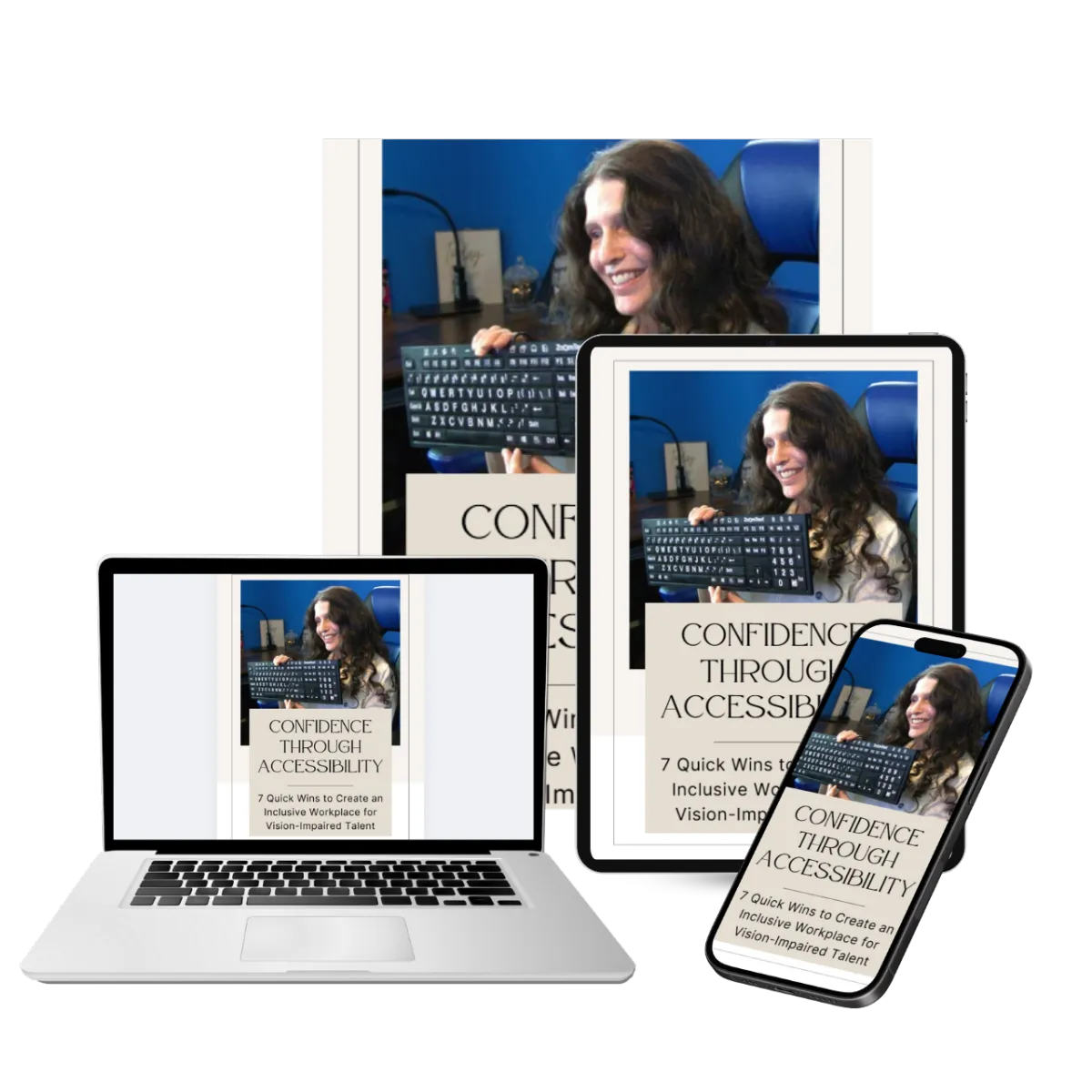 Victoria Essner smiling and using a Braille display, shown across a laptop, tablet, and smartphone. Promoting the free guide “Confidence Through Accessibility” to help employers create inclusive workplaces for vision-impaired talent.