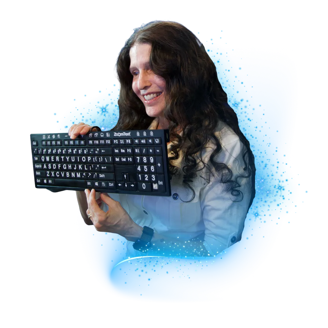 Victoria Essner demonstrating a large-print keyboard for blind and visually impaired adults using assistive technology.