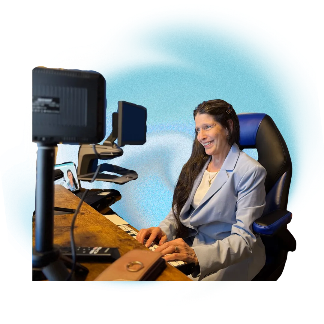 Victoria is smiling while working at a desk in a home office, seated in a blue ergonomic chair. She is wearing a white blouse and using a computer with an accessible keyboard. Bookshelves and technology equipment in the background reflect her role as an assistive technology educator, coach, and advocate.