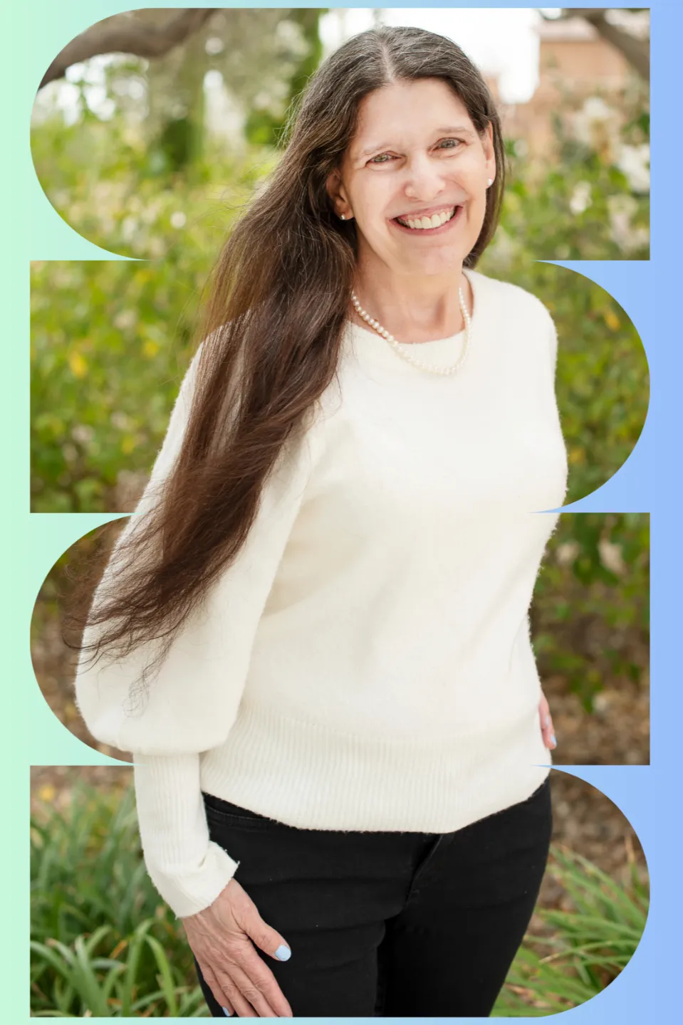 Victoria Essner, smiling outdoors in a white sweater, standing in front of greenery. She has long hair and is positioned beside text sharing her 30+ years of assistive technology expertise and 50+ years of lived experience with vision loss.