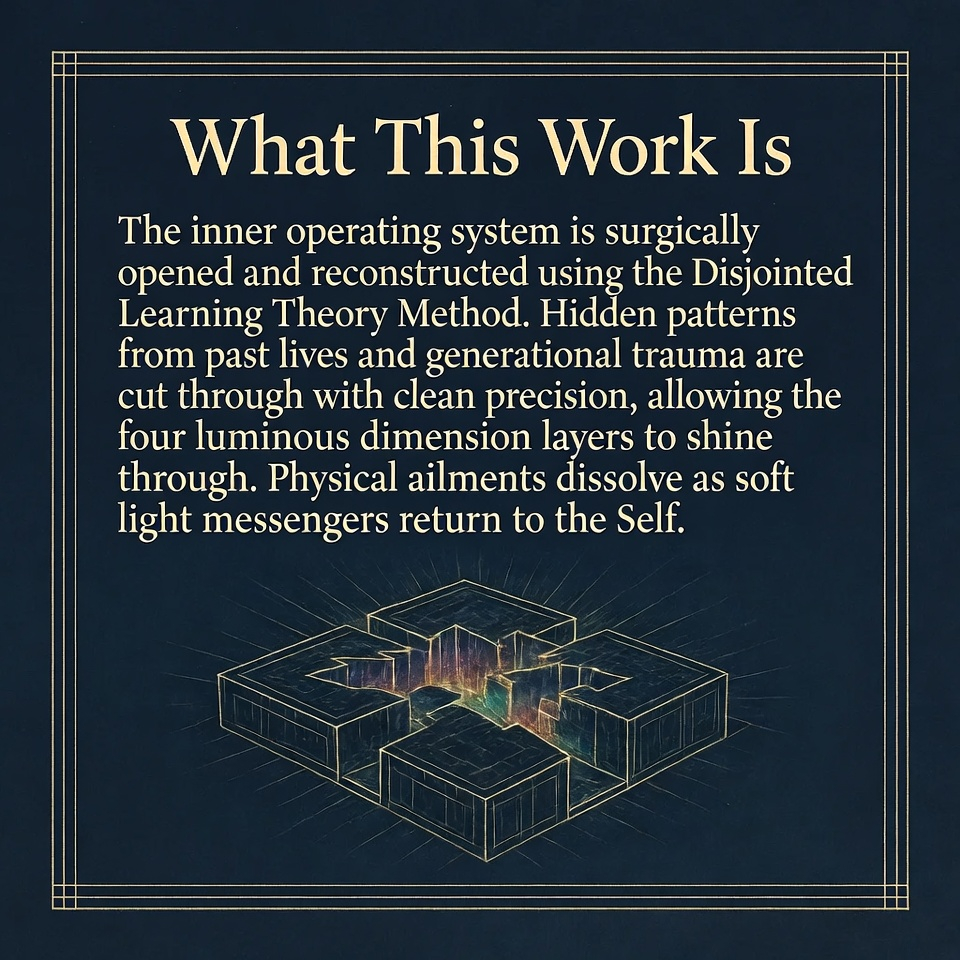 Soul-level architecture with the Disjointed Learning Theory Method® – surgical reconstruction of hidden patterns from past lives and generational trauma into sovereign identity across all four dimensions