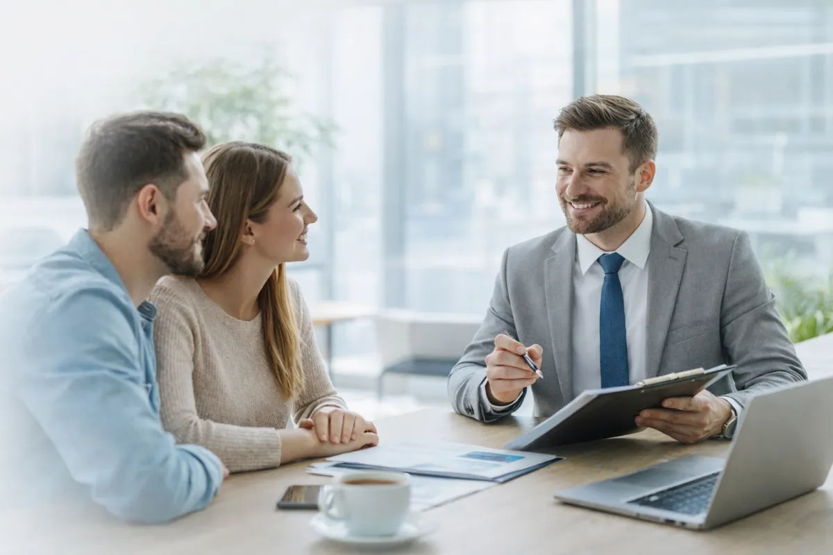 Woman in suit reviews document with man.