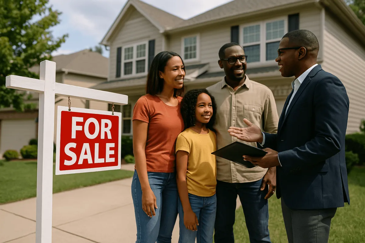 A diverse family talking with a realtor in front of a suburban Atlanta home with a For Sale sign, symbolizing probate real estate listing and sale services.