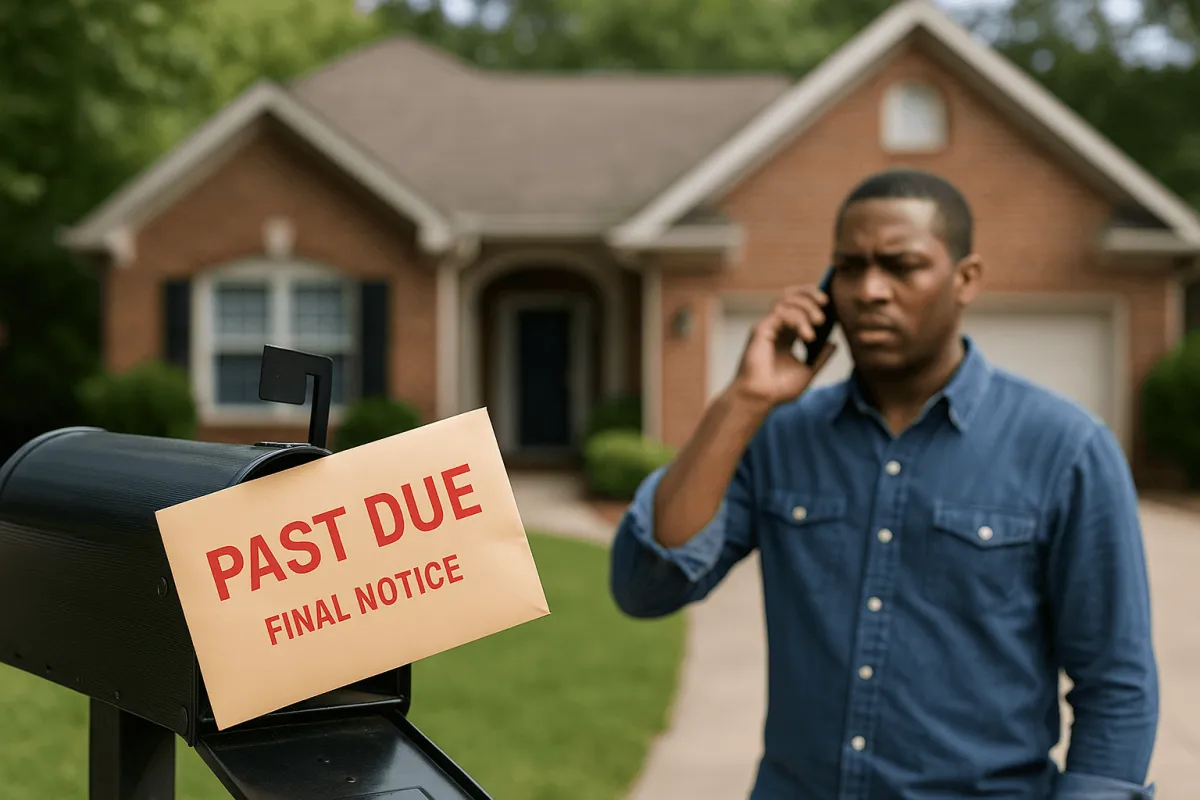 A suburban Atlanta house with a mailbox showing a past due notice, while a concerned person makes a phone call, representing foreclosure prevention in probate.