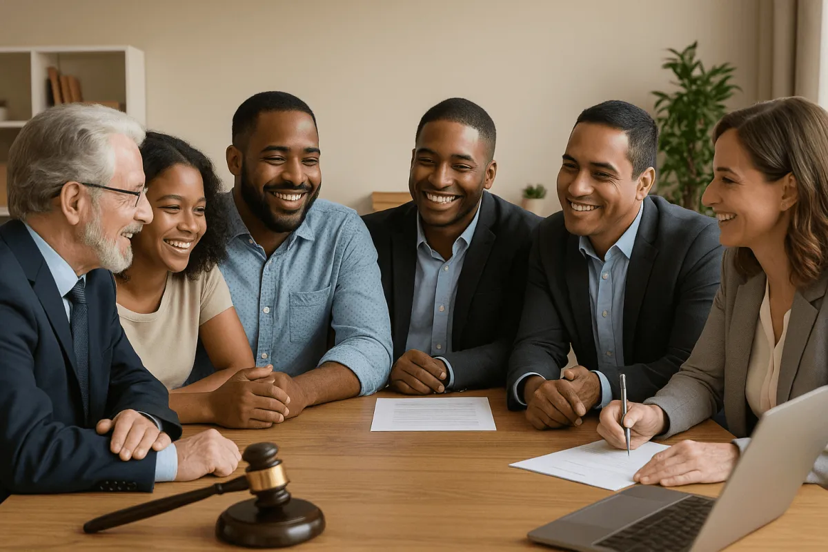  diverse family sitting at a table with a lawyer, realtor, and contractor, smiling in agreement, representing probate vendor and legal coordination services.