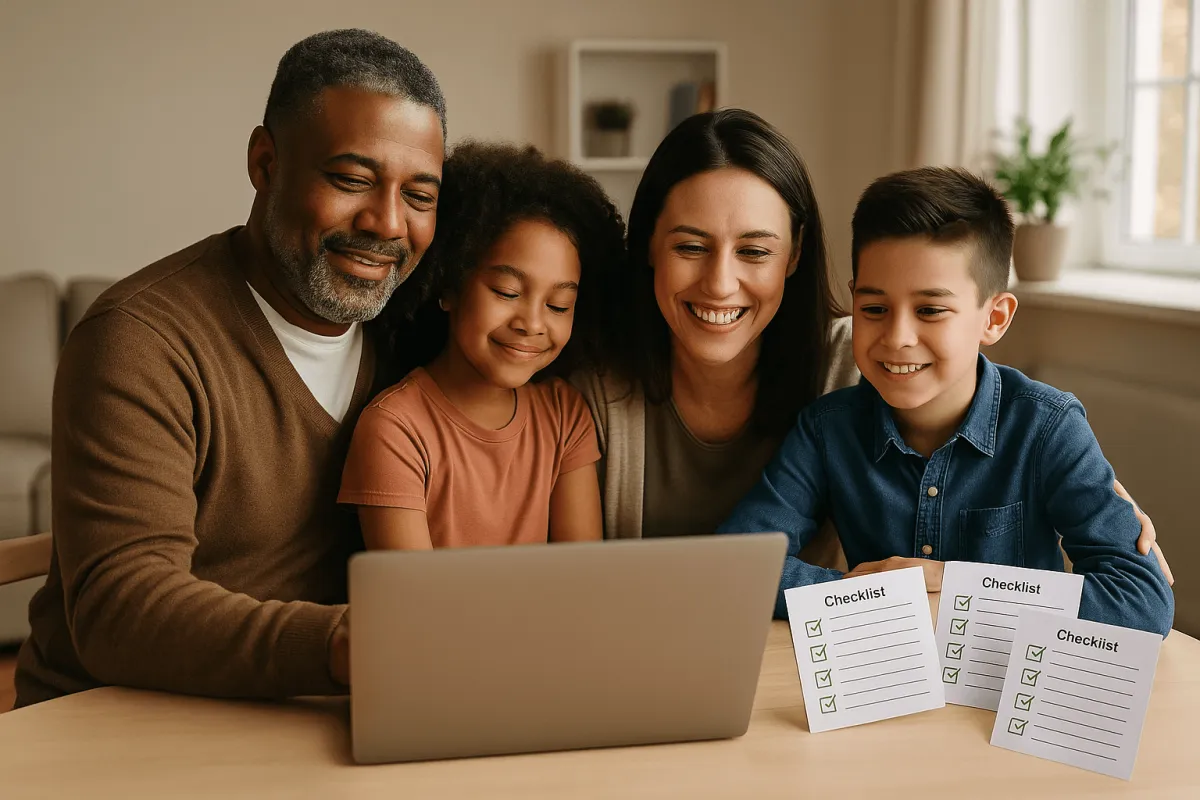 A diverse mixed family sitting together at a kitchen table, looking at a laptop with relief while reviewing checklists, symbolizing probate education and guidance.
