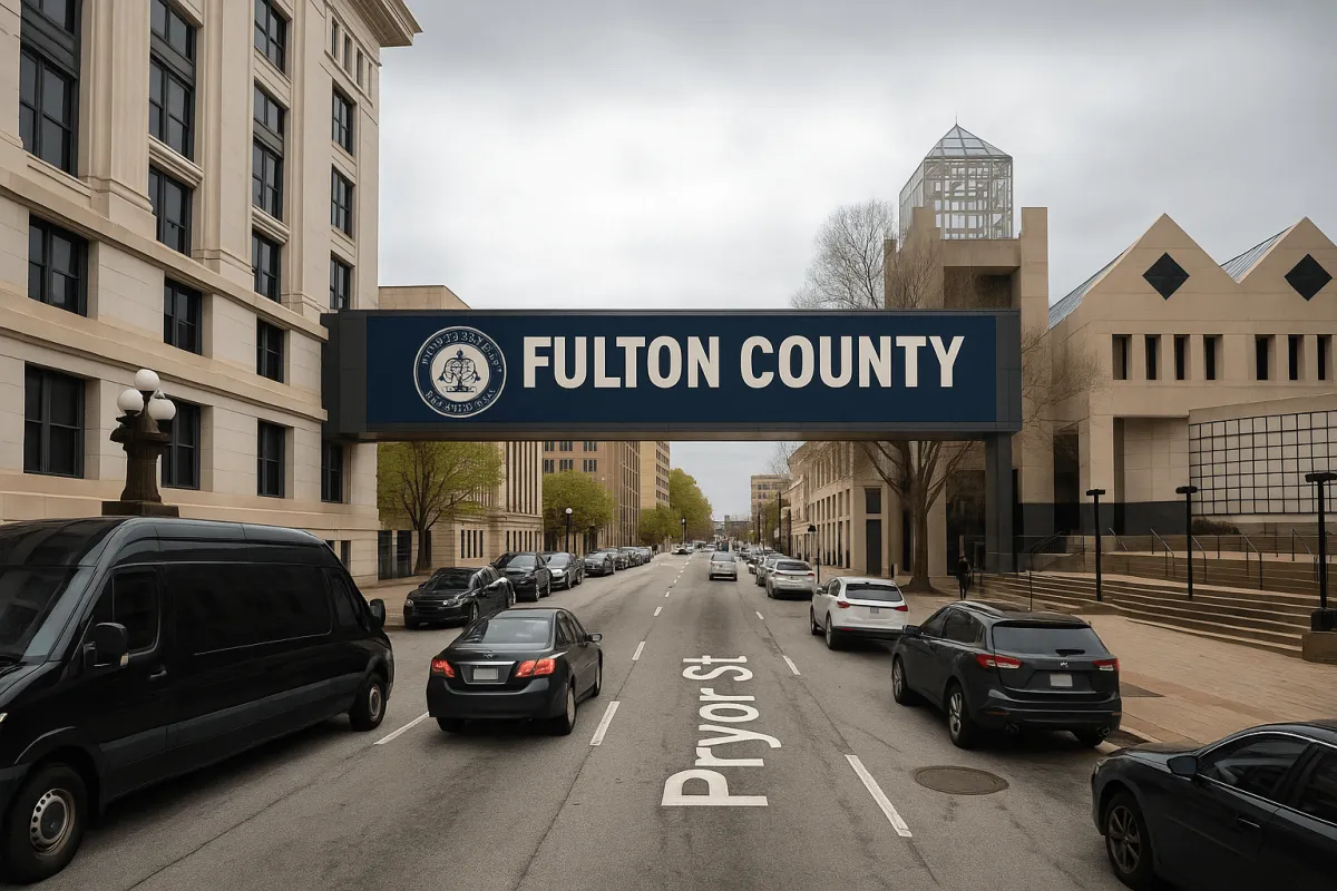 Street view of Pryor Street in Atlanta with the Fulton County government bridge sign, representing the location of Fulton County Probate Court.