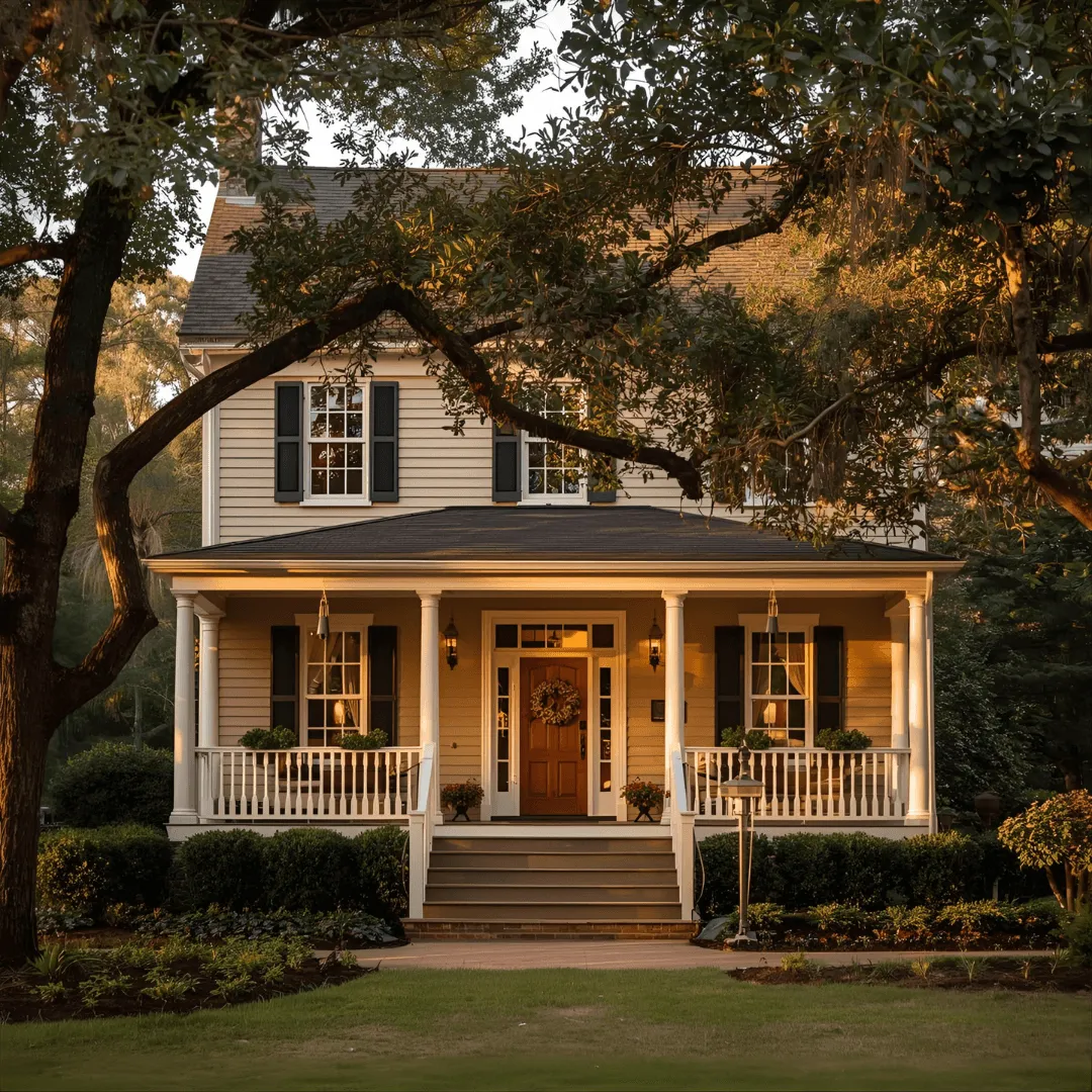 Warm Georgia-style family home exterior with front porch and natural light, symbolizing comfort, stability, and clarity during the probate process.
