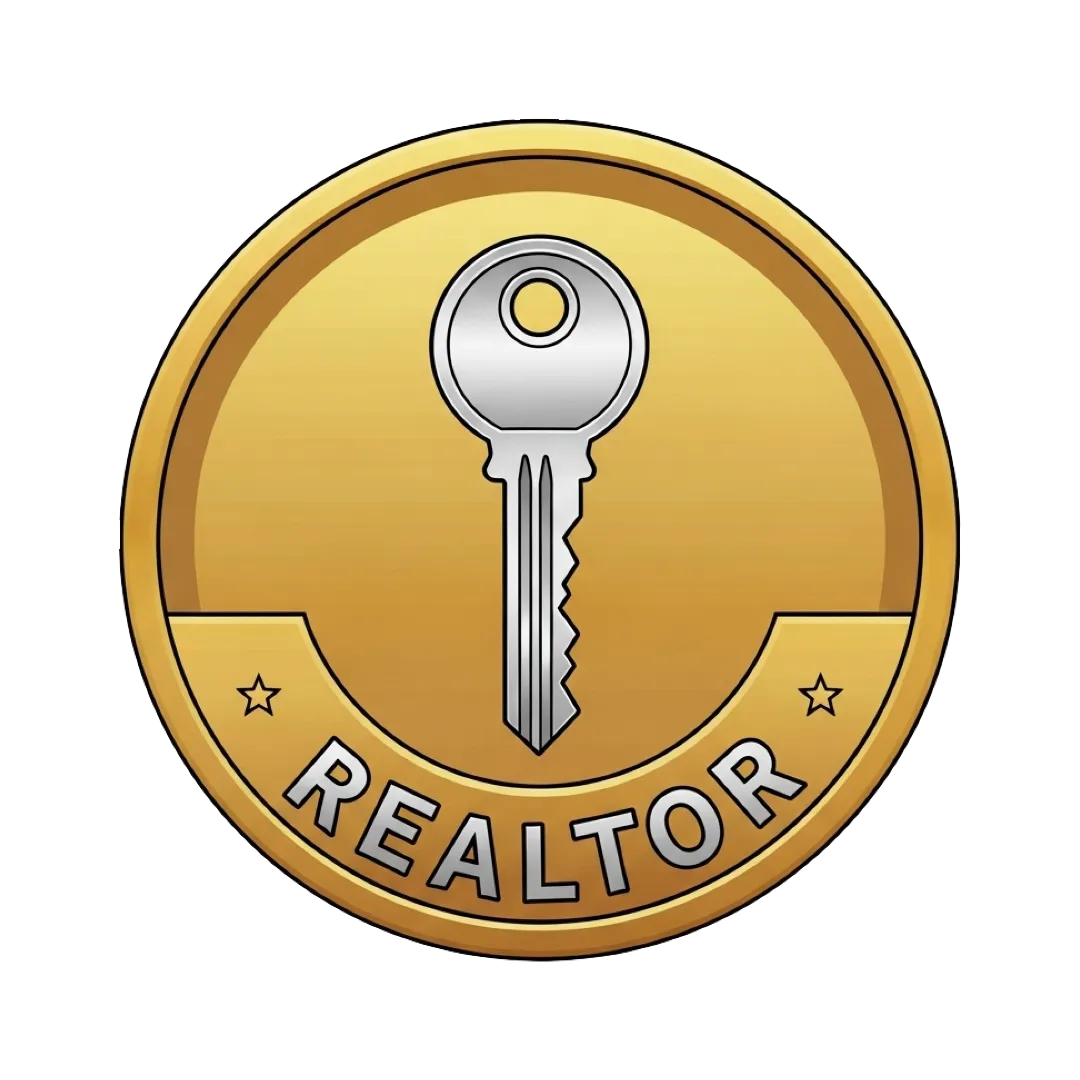 Gold realtor badge icon with key symbol representing licensed real estate professionals.