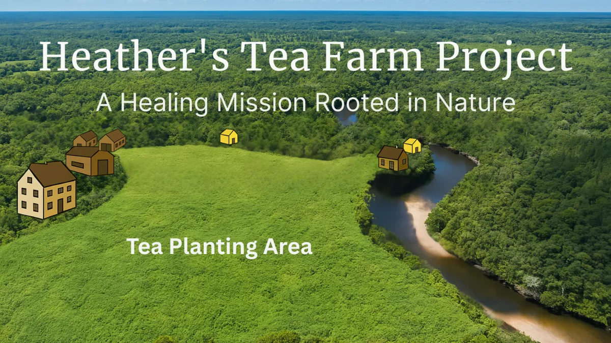 Aerial view of Heather’s Tea Farm Project with illustrated farm structures and a labeled “Tea Planting Area,” set beside a winding river and dense forest. Text overlay reads “Heather’s Tea Farm Project – A Healing Mission Rooted in Nature.”