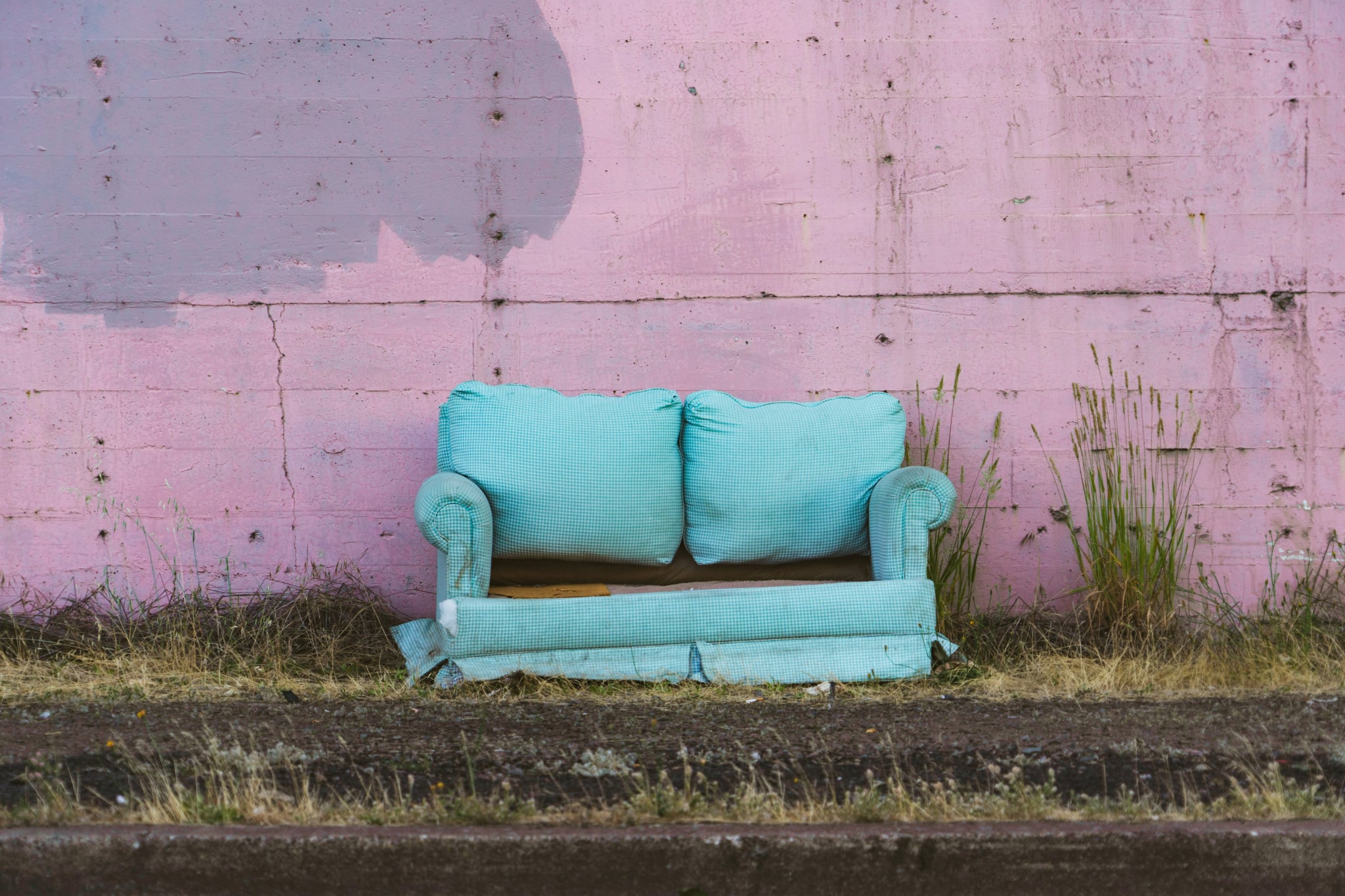 blue sofa in front of pink wall with grass in front