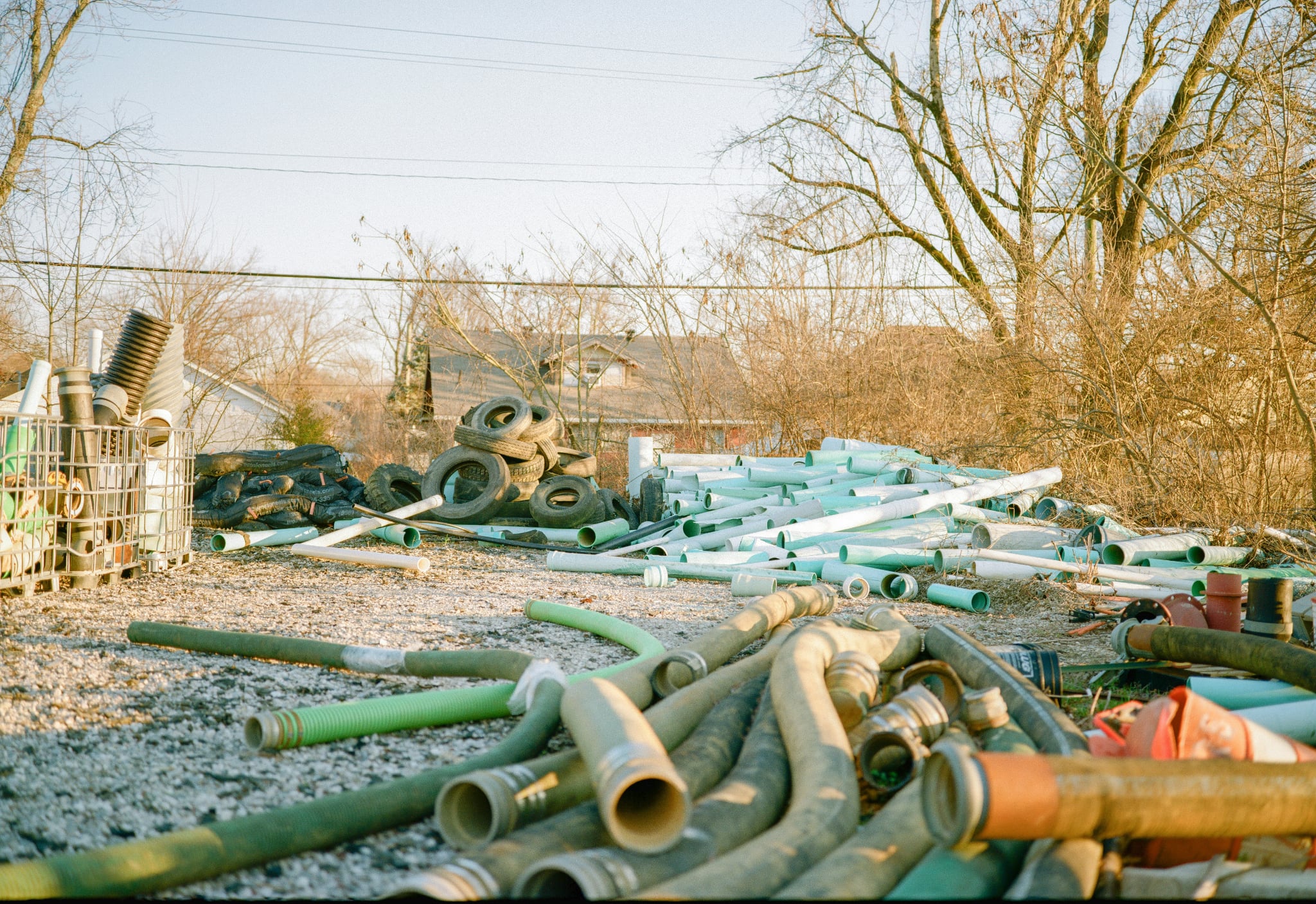 pipes, wood, tyres and other stuff in a junk yard