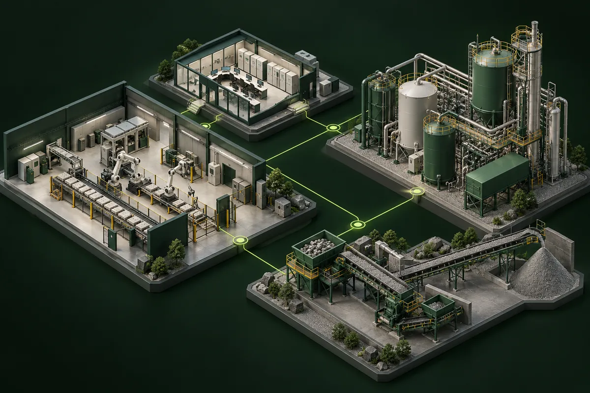 Conceptual illustration of manufacturing, process systems, controls and mineral-processing dependencies.