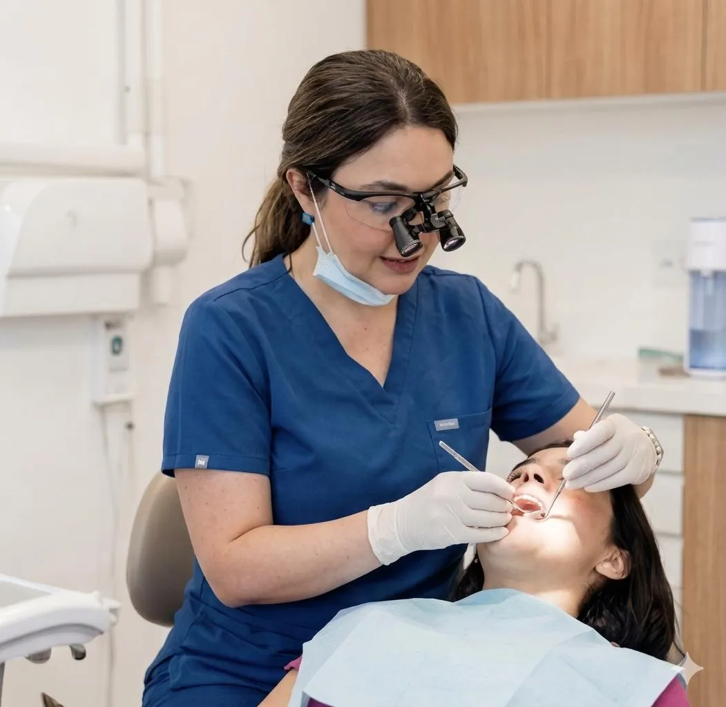 a dentist examines a patient's teeth in a dental office