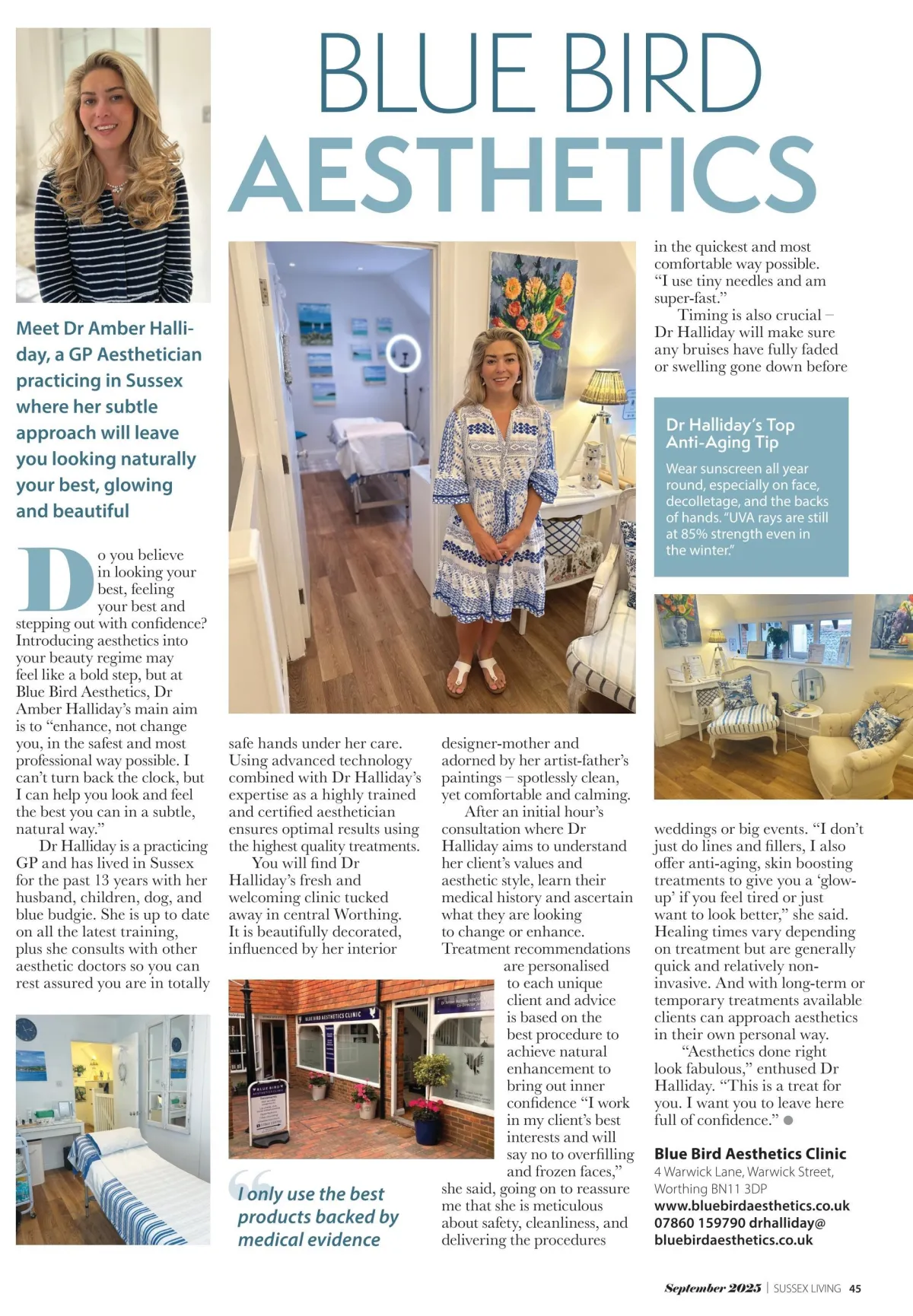 Dr Amber Halliday featured in Sussex Living magazine, representing Blue Bird Aesthetics — Worthing’s trusted doctor-led clinic for ethical skin treatments and advanced dermal fillers.