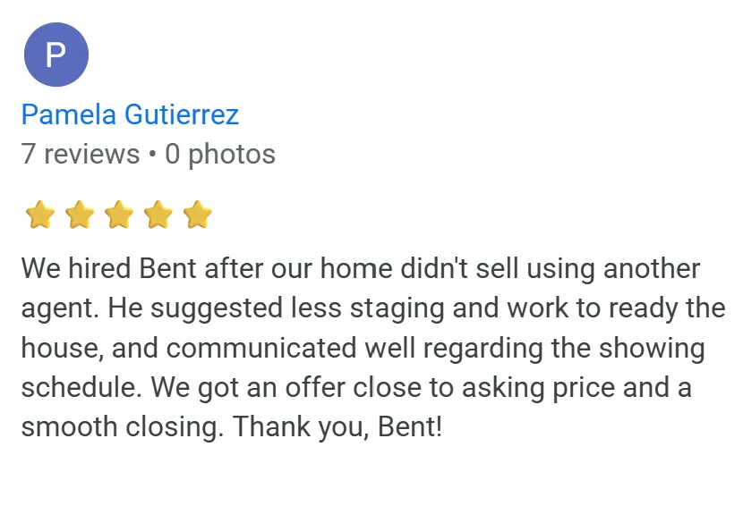 Verified 5-star Google review by P Gutierrez - praising Bent Danholm for selling their home when other agents couldn't 