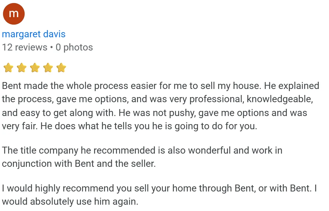Verified 5-star Google review by P Gutierrez - praising Bent Danholm for selling their home when other agents couldn't 