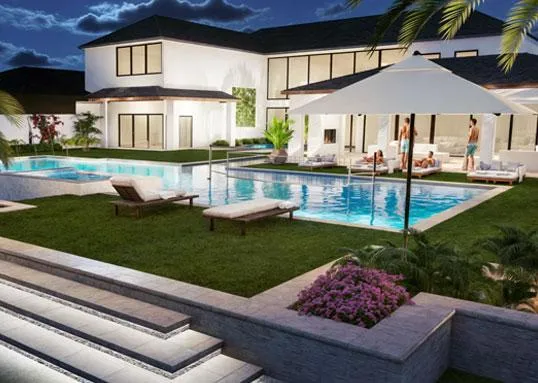 Modern luxury home with illuminated backyard pool and spa, surrounded by lounge chairs, umbrellas, and landscaped garden at night.