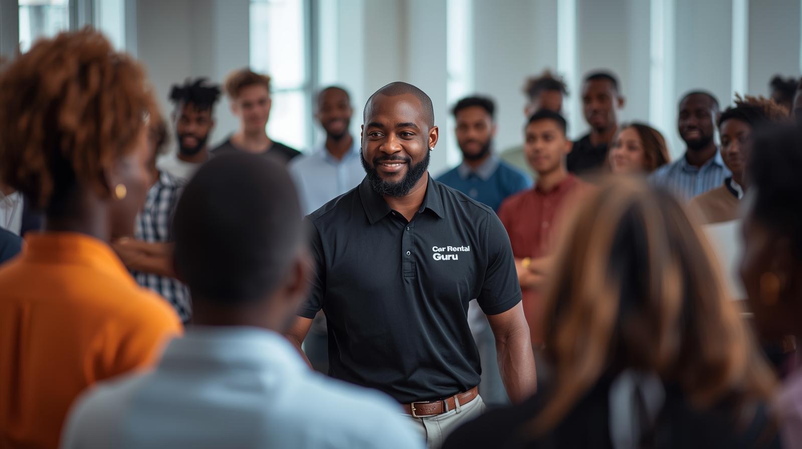 Confident webinar host presenting training content on screen.