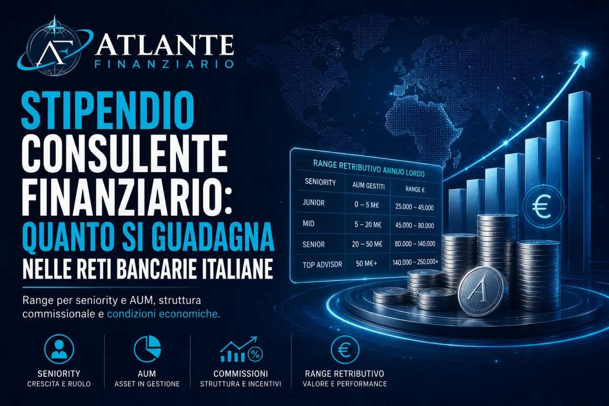 Atlante Finanziario: Quanto guadagna un consulente finanziario nelle reti bancarie - range per seniority e AUM, struttura commissionale e come negoziare condizioni migliori.