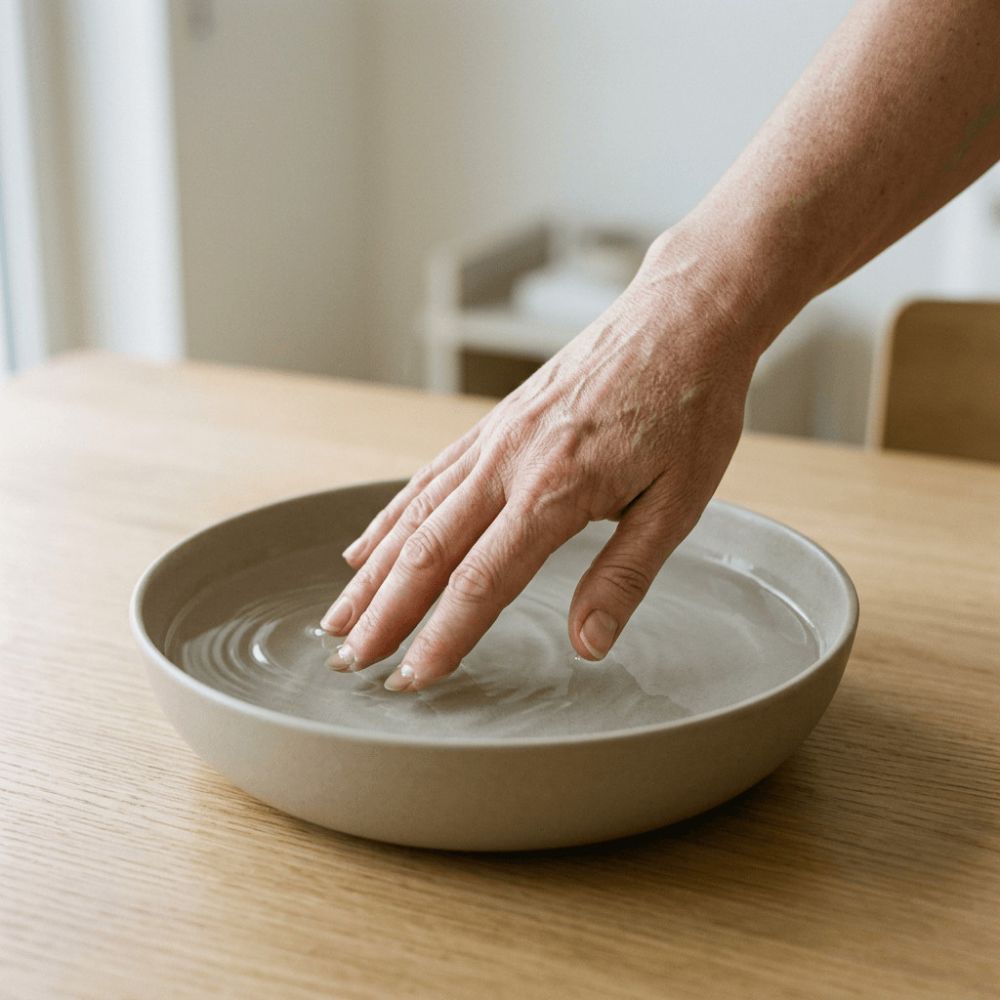 Eine Hand berührt sanft das Wasser in einer hellen Schale auf Holztisch, Symbol für die KlarSein-Methode