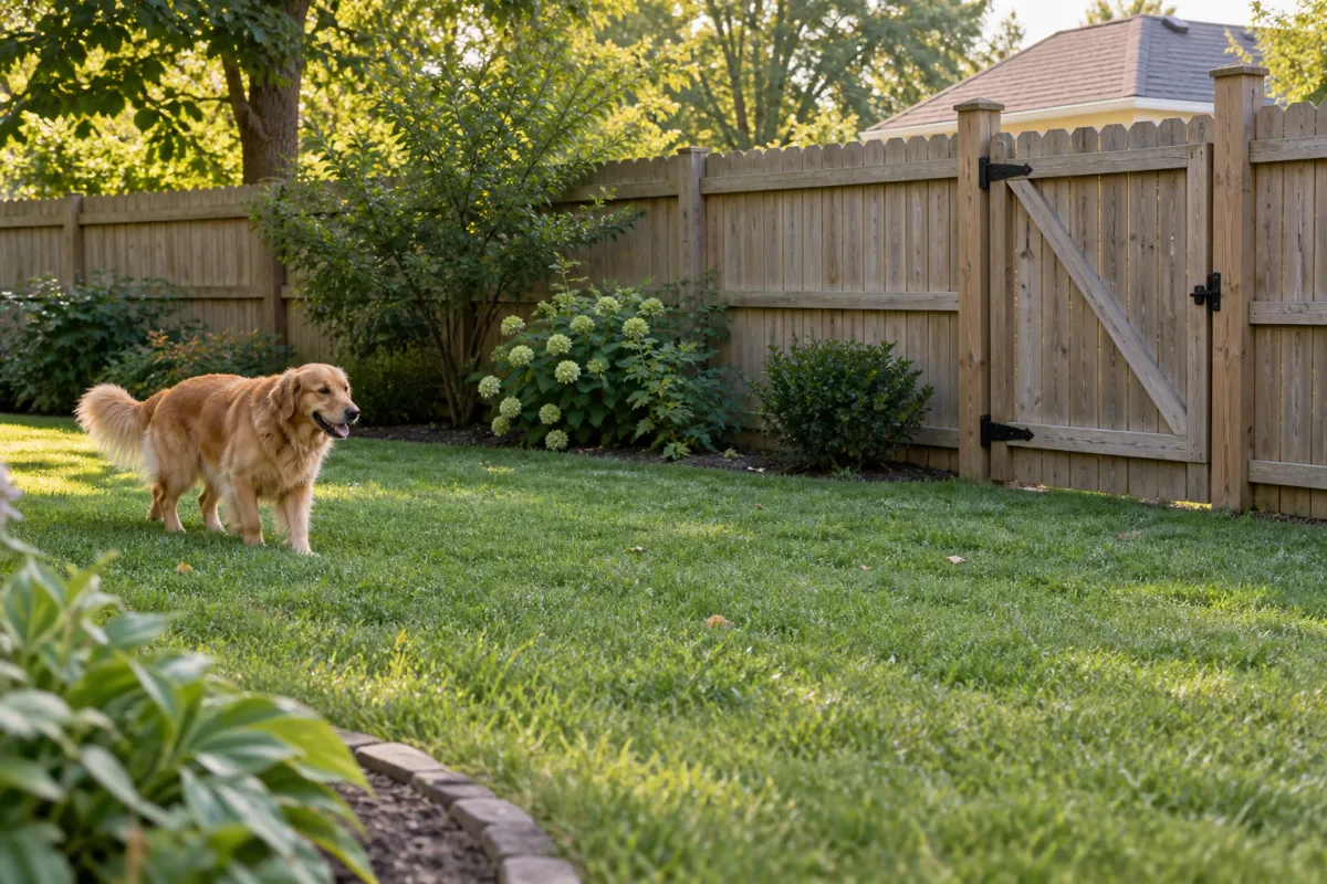 Golden retriever enjoying a tidy backyard beside a closed wooden gate