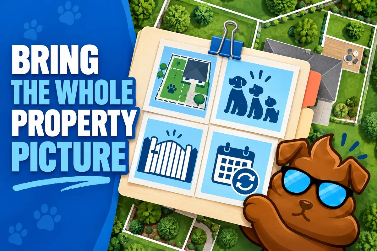 Purge Pros mascot beside a property-plan clipboard with yard areas, dogs, gate access and frequency icons.