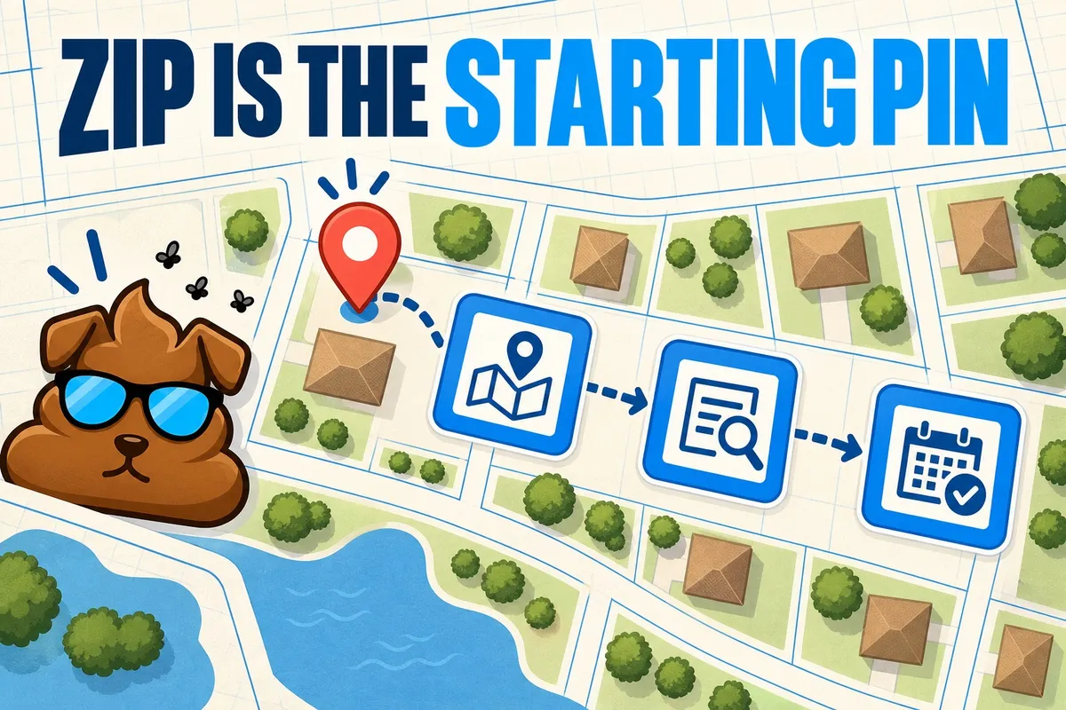 Purge Pros mascot beside an illustrated neighborhood map, ZIP pin, address review and service calendar.