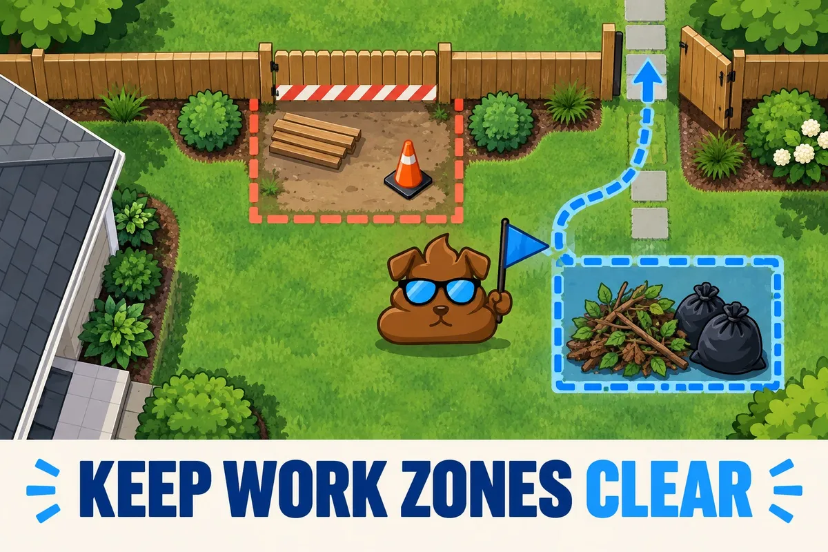 Illustrated yard with a marked fence-repair zone, clear gate route and Purge Pros mascot holding a flag.