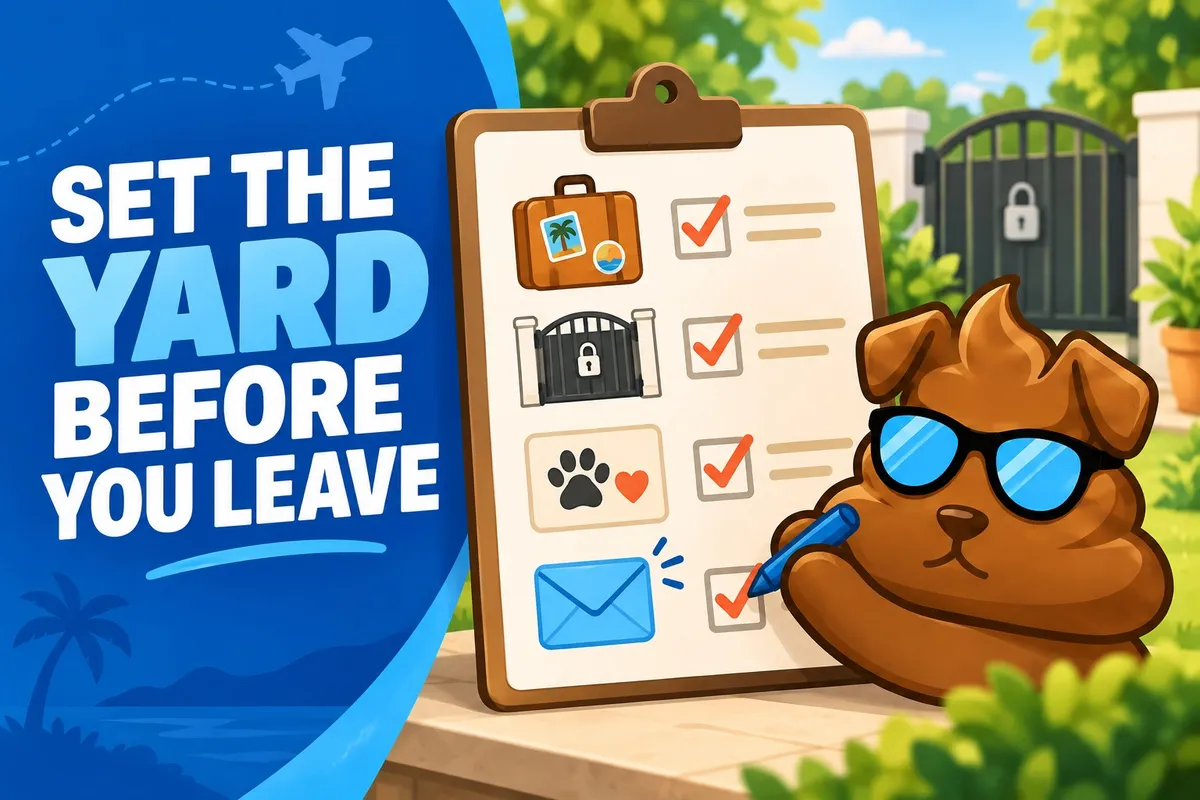 Purge Pros mascot with a vacation checklist showing luggage, gate access, pet care and communication icons.