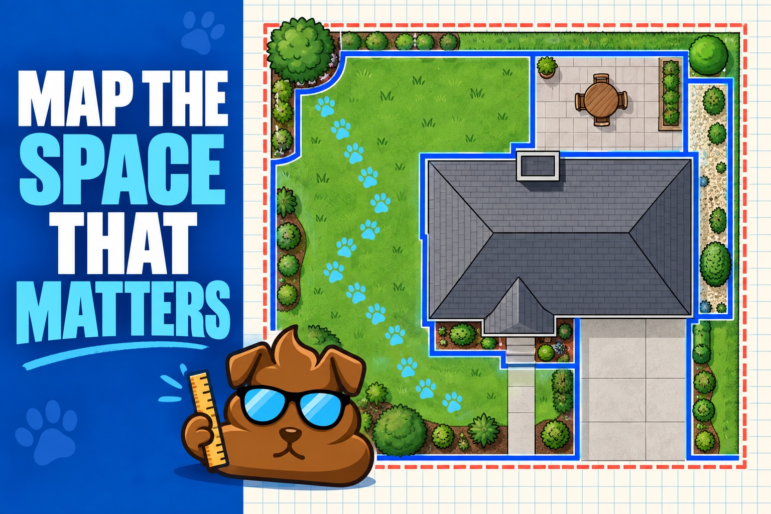 Purge Pros mascot reviews a yard diagram distinguishing the cleanup areas from the whole property lot.