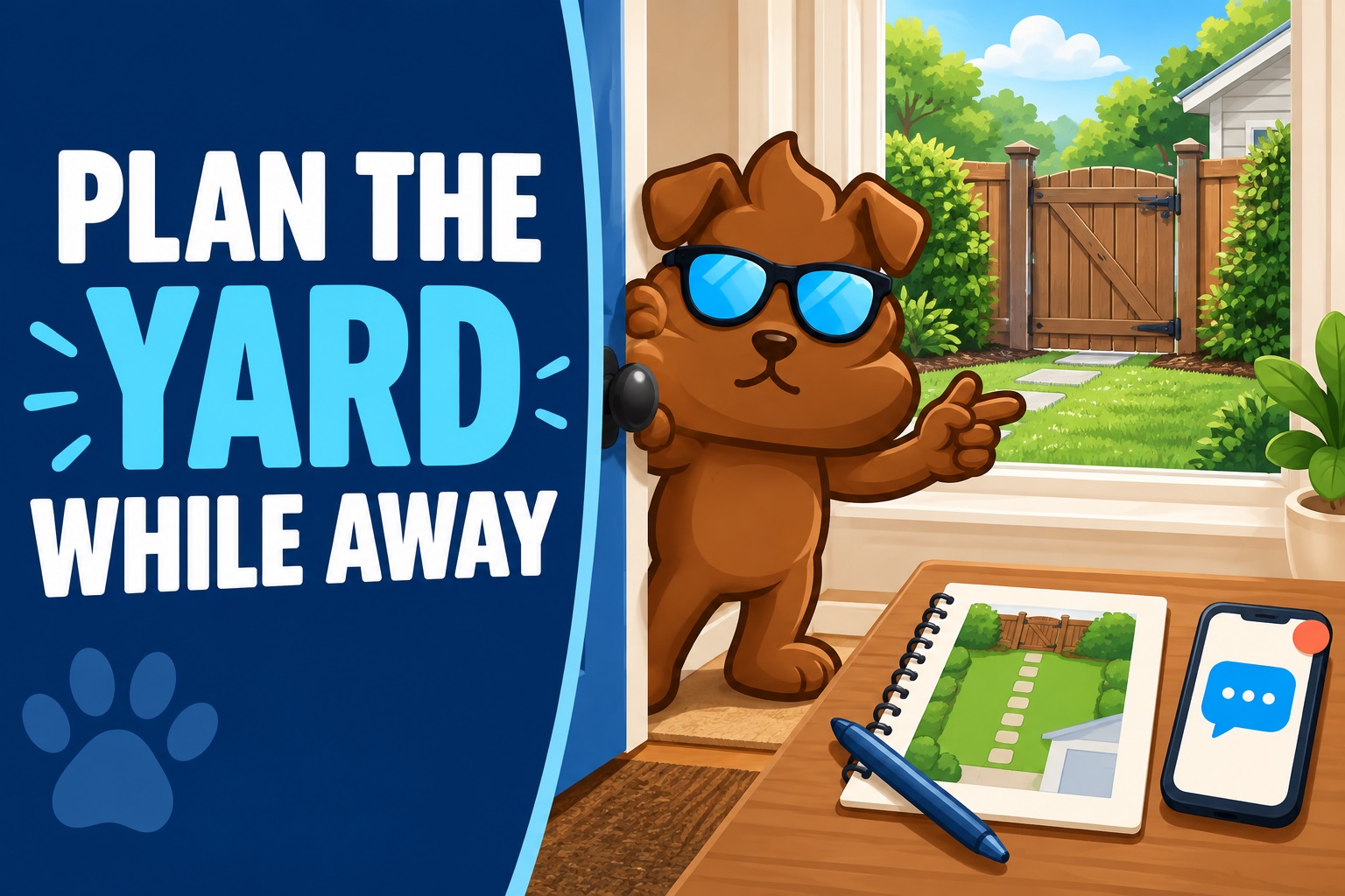 Purge Pros mascot beside a yard plan and message reminder, looking toward a closed backyard gate.